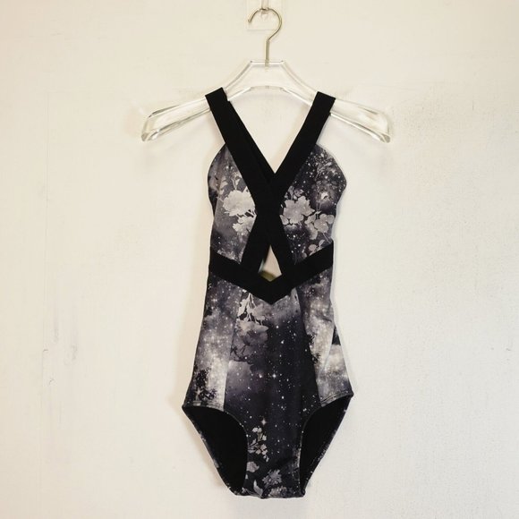 Vintage Swimsuit Women XS One Piece Black Floral Cut Out Galaxy Keyhole Unpadded - Picture 1 of 8